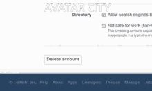 a screenshot of avatar city directory with the delete account button