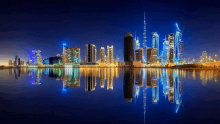 the skyline of a city is reflected in the water