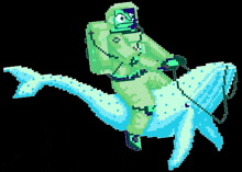 a pixel art of an astronaut riding on the back of a blue whale