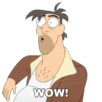a cartoon man with a surprised look on his face and the words wow on his chest