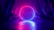 a glowing circle in the middle of a dark room with purple and blue lights