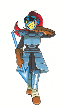 a cartoon drawing of a woman in armor holding a blue arrow