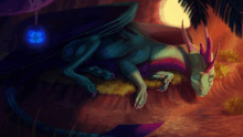 a painting of a dragon laying on a rock with a lantern in the background