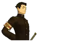 a man in a suit is holding a sword in his hand