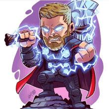 a cartoon drawing of thor holding a hammer with lightning coming out of his fist