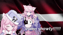 a picture of two anime girls with the words zamn shawty