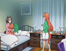 a cartoon of a girl holding a carrot and a girl standing next to a bed