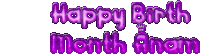 a white background with purple text that reads happy birth month anam