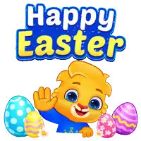 a cartoon bunny is holding a sign that says happy easter surrounded by easter eggs