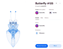 a screen showing a butterfly # 139 on sale for 0.003 eth