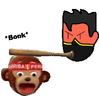 a monkey wearing a bandana that says " arriba peru " holds a baseball bat over its head