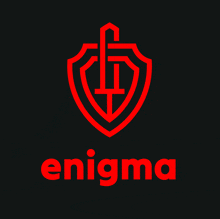 a red shield with a cross and the word enigma on a black background