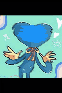 a blue cartoon character with a heart shaped head and wings is standing with his arms outstretched .