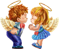 a boy and a girl kissing with angel wings on their heads