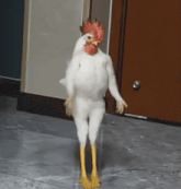 a white chicken with a red crest on its head is standing on its hind legs