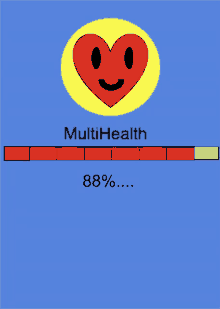 a blue background with a red heart and the words multihealth 88 %