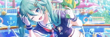 a girl with green hair is wearing a sailor suit and holding a microphone .