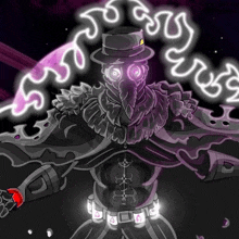 a drawing of a plague doctor with a purple background and a purple glowing circle around him