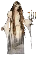 a woman in a white dress holding a candelabra with candles