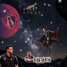 a man in a black adidas shirt is standing in front of a poster that says atlas