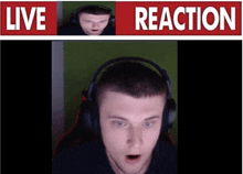 a man wearing headphones with a live reaction sign above him