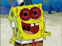 a cartoon spongebob with red eyes and a red tie