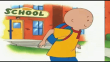 a cartoon character is walking towards a school