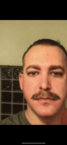 a man with a mustache is taking a selfie in front of a brick wall