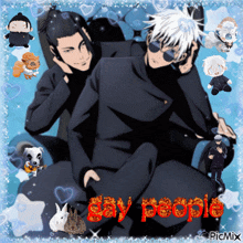a couple of anime characters sitting next to each other with the words gay people on the bottom