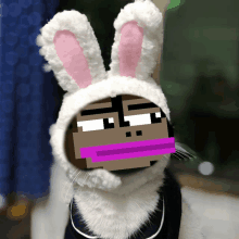 a cat wearing bunny ears with a pixelated face behind it