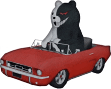 a black and white bear is driving a red car