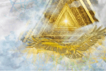 a drawing of a bird flying in the sky with a pyramid in the background