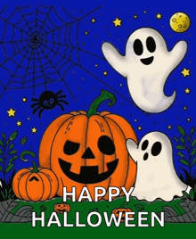 a halloween card with pumpkins ghosts and spiders