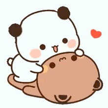 a panda bear is laying on top of a brown bear with a heart in the background .