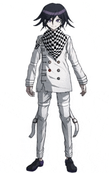 a cartoon character is wearing a black and white checkered scarf and a white coat .