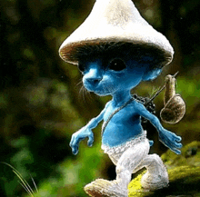 a smurf wearing a mushroom hat and carrying a snail on his back is walking through the woods .