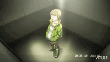 a man in a green jacket is standing in an elevator with the date july 82 at the bottom