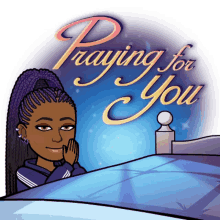 a cartoon of a woman praying with the words praying for you above her