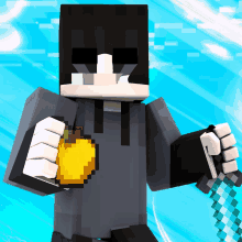 a minecraft character is holding a sword and a yellow apple