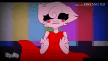 a cartoon character in a red dress is sitting in front of a television screen .