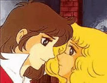 a cartoon of a man and a woman kissing .