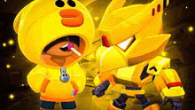 a boy in a yellow duck costume is standing next to a robot in a video game .