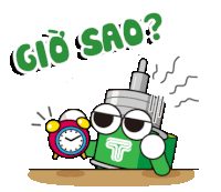 a cartoon character is holding a red alarm clock with the words gio sao below it