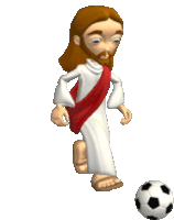 jesus is kicking a soccer ball with his foot