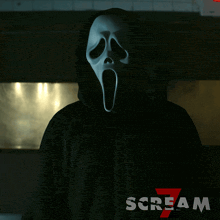 a scream 7 poster with a person wearing a hooded jacket