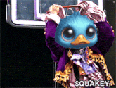 a picture of a blue duck with the word squakey on it