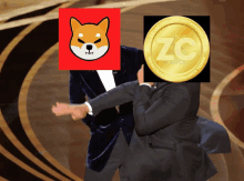 a man in a tuxedo holds his fist up in front of a coin that says zc