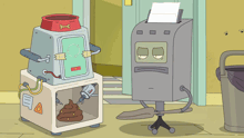 a cartoon drawing of two robots one of which is holding a tray of poop