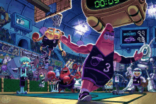 a cartoon of spongebob and patrick playing basketball with a scoreboard that says microbes on it