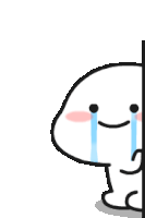 a cartoon character is standing behind a wall with tears running down his face .
